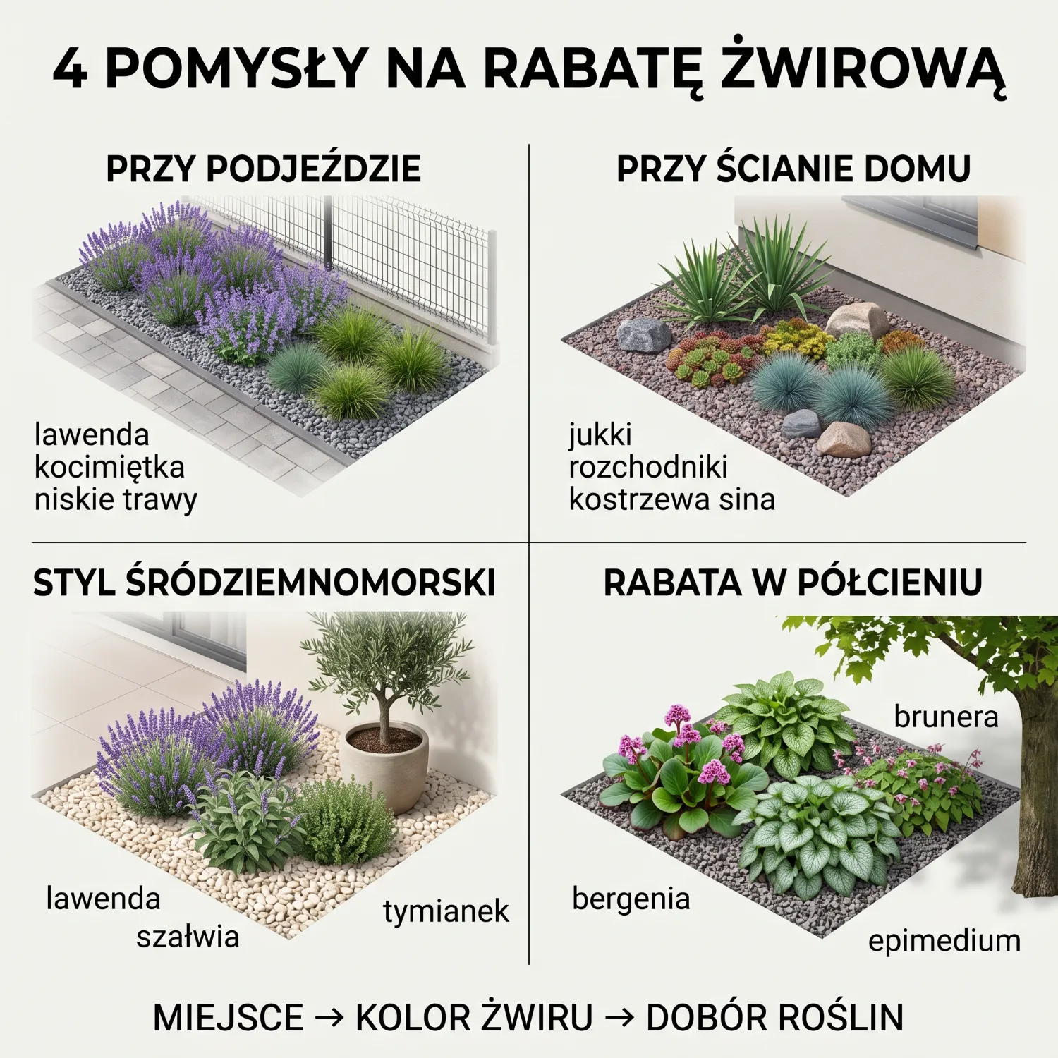 Śródziemnomorska aranżacja rabaty żwirowej przy tarasie - lawenda i jasne kruszywo na tle zielonego trawnika
